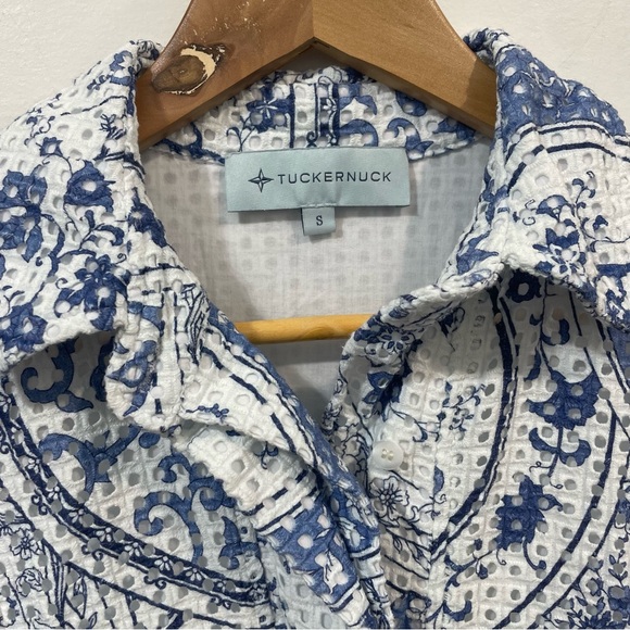 Tuckernuck China Blue Porcelain Eyelet Cotton Button Front Midi Dress Size S - Picture 10 of 15